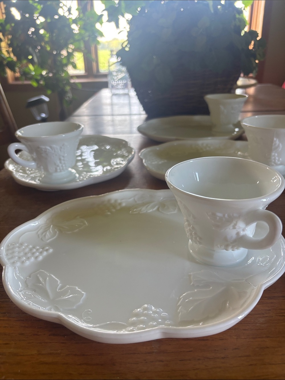 Vintage Indiana Glass Set of 6 Harvest Grape pattern white milk glass snack set - Picture 2 of 13
